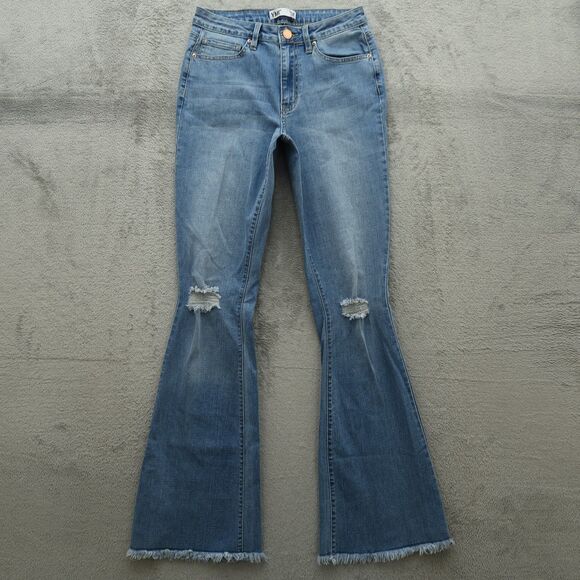 YMI Jeans Junior's Size 5 Blue High-Rise Super Flare Denim 32" Inseam Distressed - Picture 1 of 16